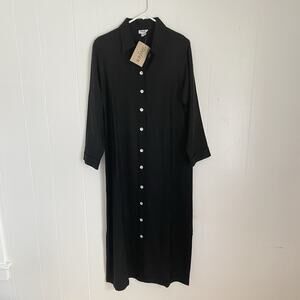 NWT Toofan Black Button Front Midi Shirt Dress Linen Long Sleeve Minimalist S